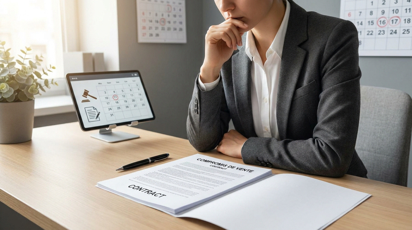 Une personne en costume réfléchit devant un contrat de compromis de vente et des calendriers sur son bureau.