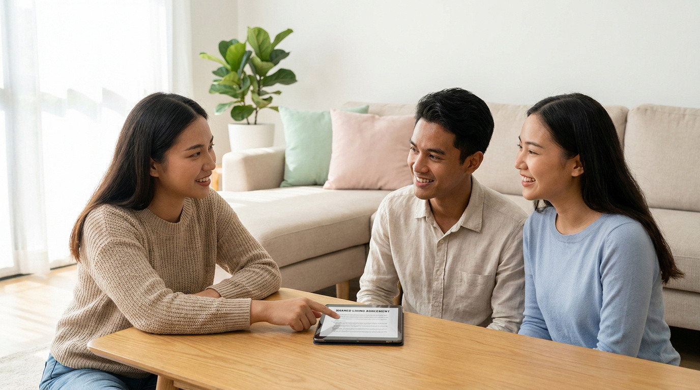 Trois jeunes adultes assis autour d'une table basse discutent en consultant un document sur une tablette numérique.