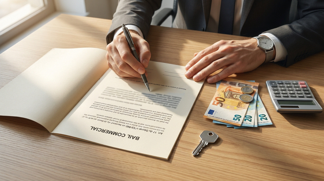 Un homme en costume signe un document intitulé "Bail Commercial" sur un bureau avec des billets en euros et une clé.