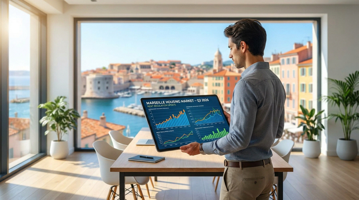 Un homme examine des graphiques sur une tablette avec une vue sur le Vieux-Port de Marseille.