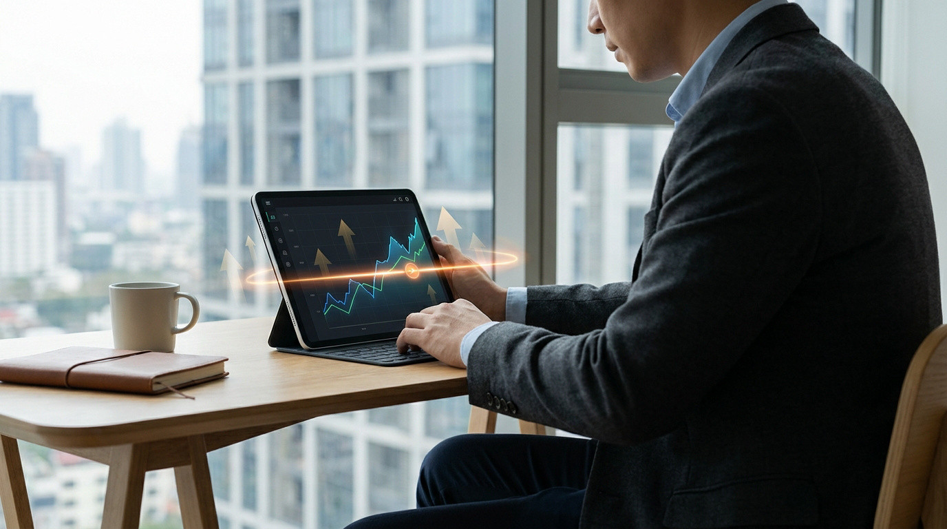 Homme d'affaires travaillant sur une tablette affichant des graphiques de croissance financière.