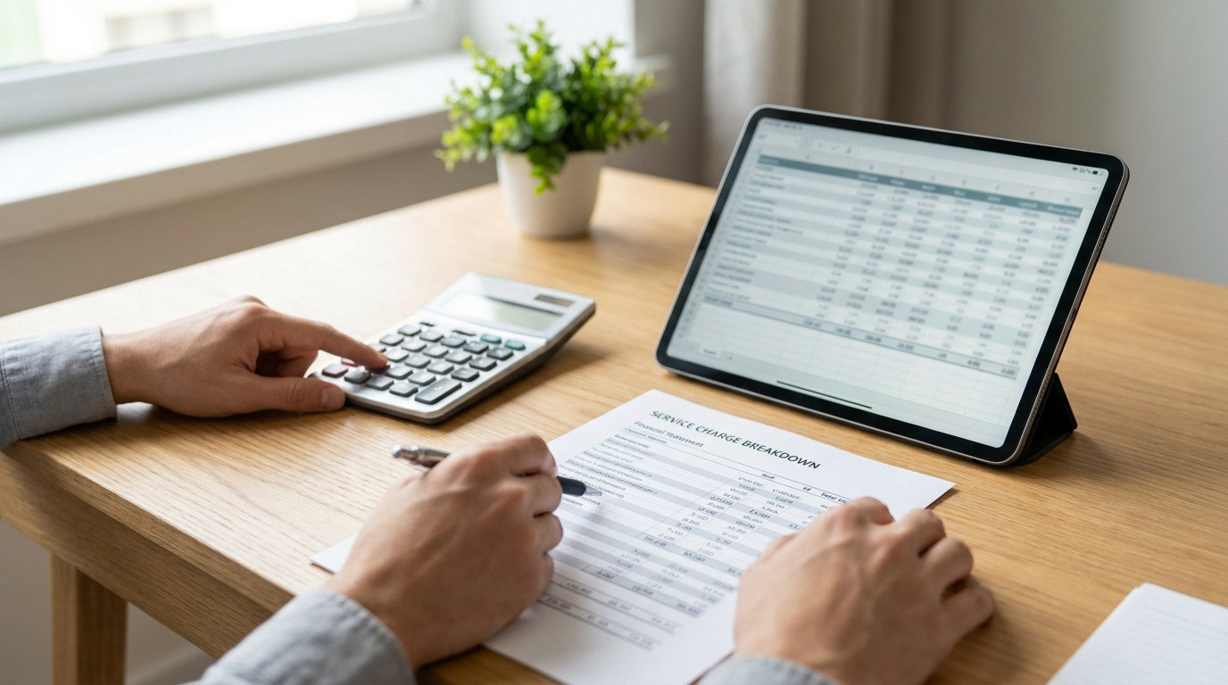 Une personne analyse un document financier de charges avec une tablette et une calculatrice sur un bureau en bois.