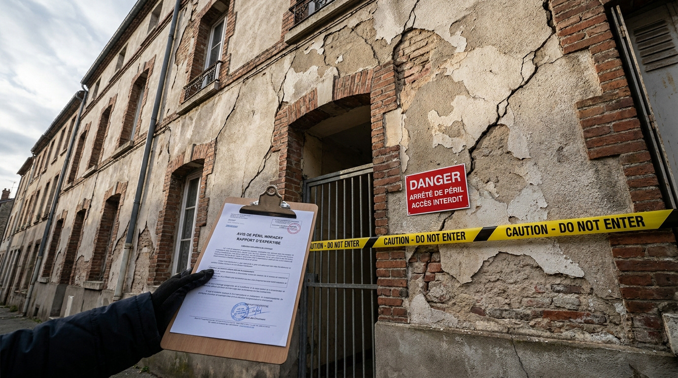 Main tenant un rapport d'expertise devant un immeuble délabré avec une affiche Danger et un ruban de sécurité.