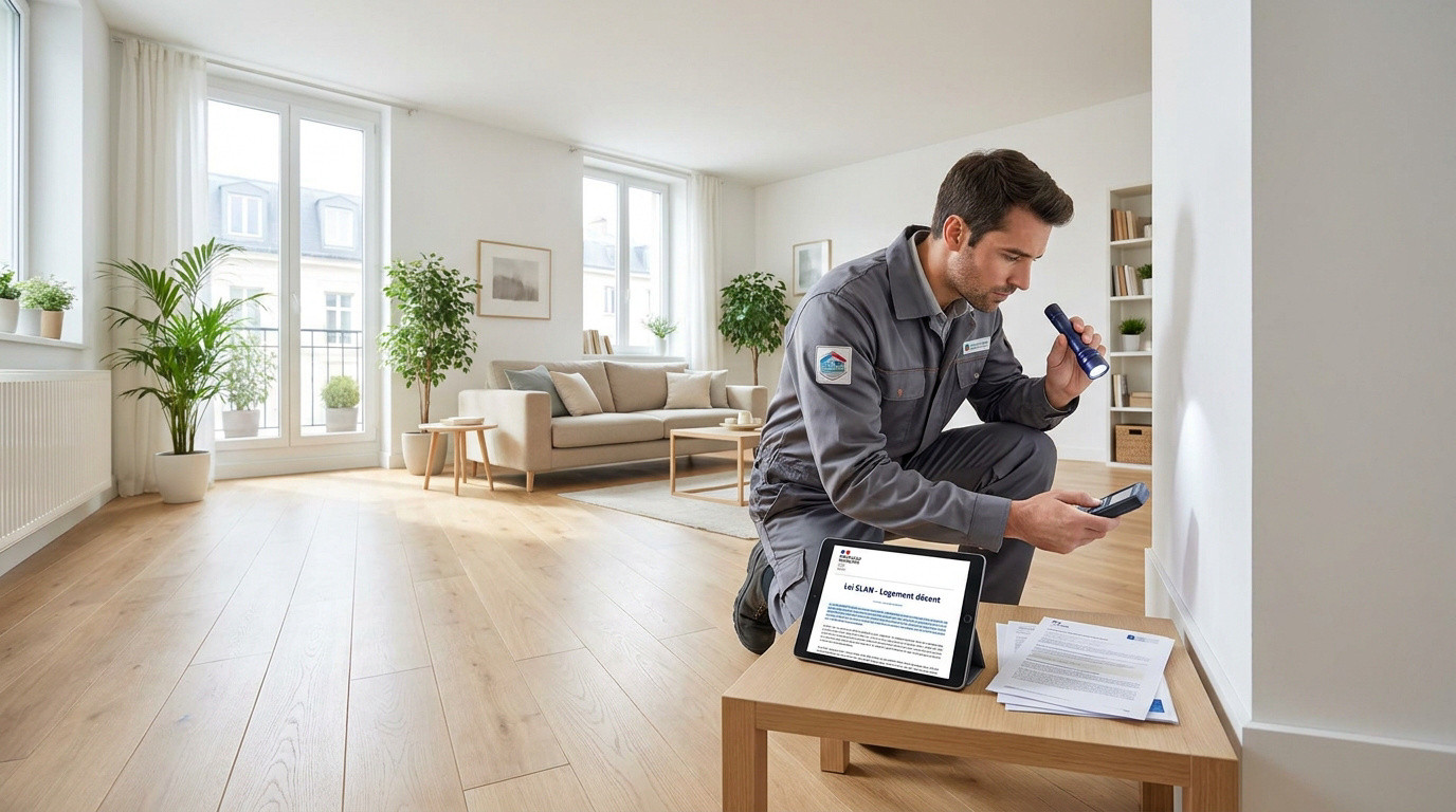 Un technicien inspecte un appartement avec une lampe torche et une tablette affichant des documents officiels.