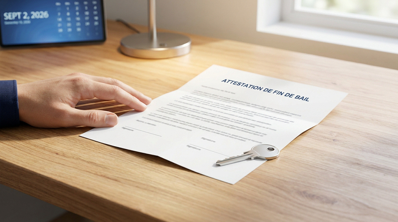 Main posée sur un document intitulé « Attestation de fin de bail » avec une clé posée à côté sur un bureau en bois.