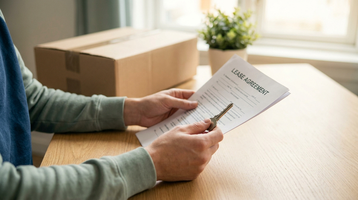Une personne tient un contrat de location et une clé devant un carton de déménagement sur une table en bois.