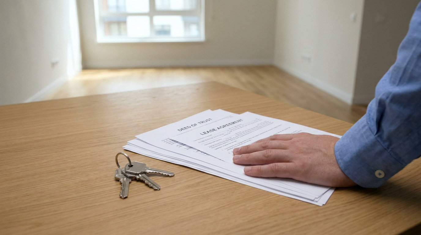 Une main posée sur un contrat de location avec des clés sur une table en bois devant un appartement vide.