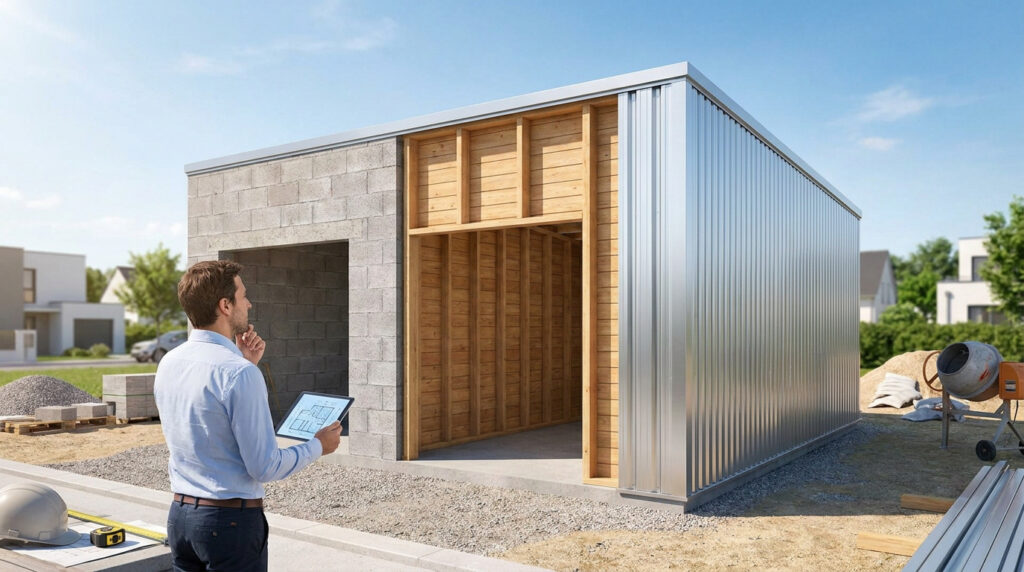 Un homme examine les plans d'un garage en construction, mêlant béton, ossature bois et bardage métallique.