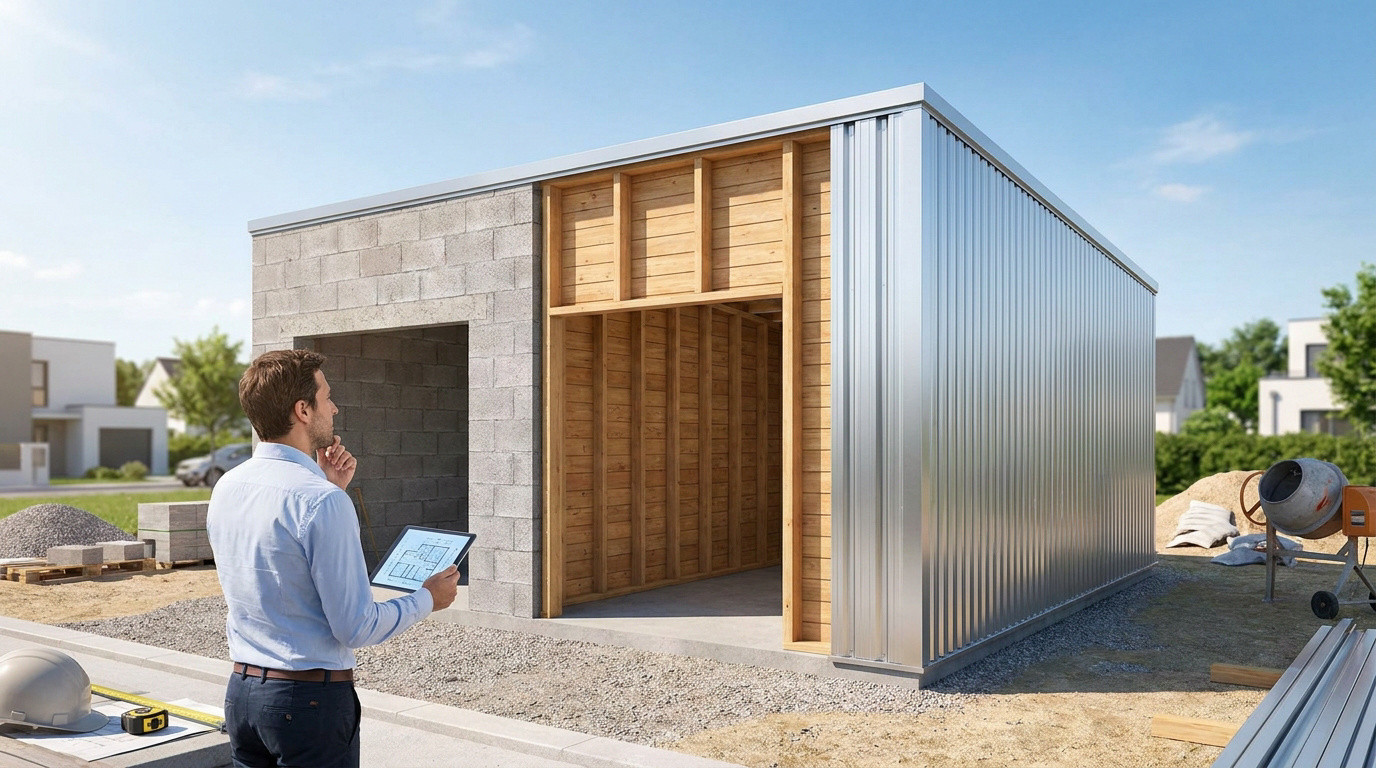 Un homme examine les plans d'un garage en construction, mêlant béton, ossature bois et bardage métallique.
