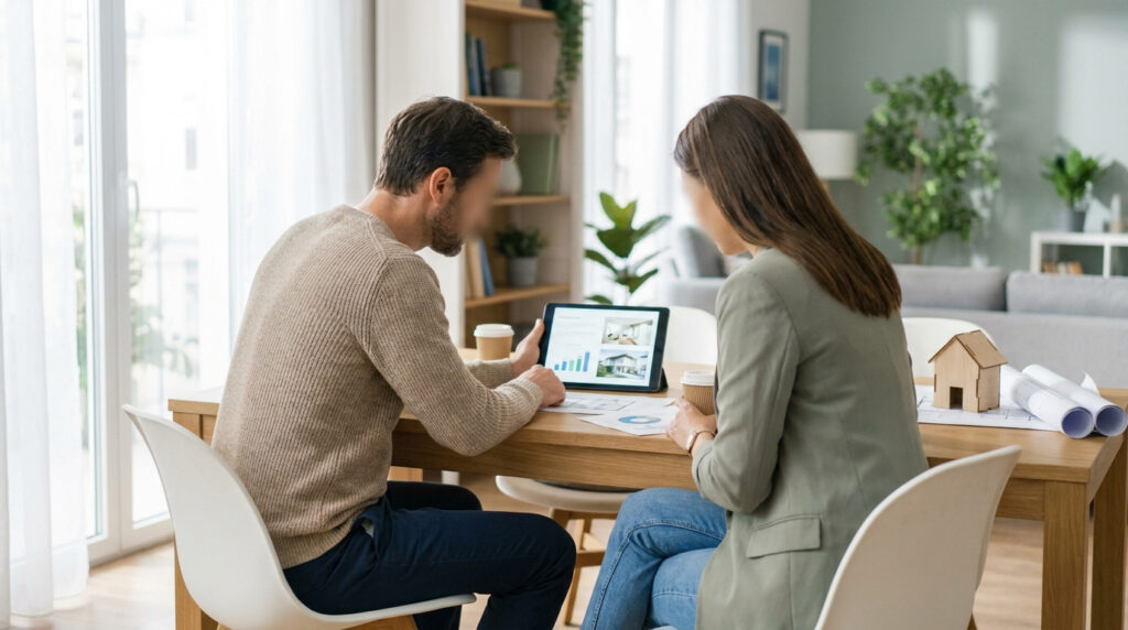 Un couple assis à une table examine des graphiques financiers et des plans immobiliers sur une tablette numérique.
