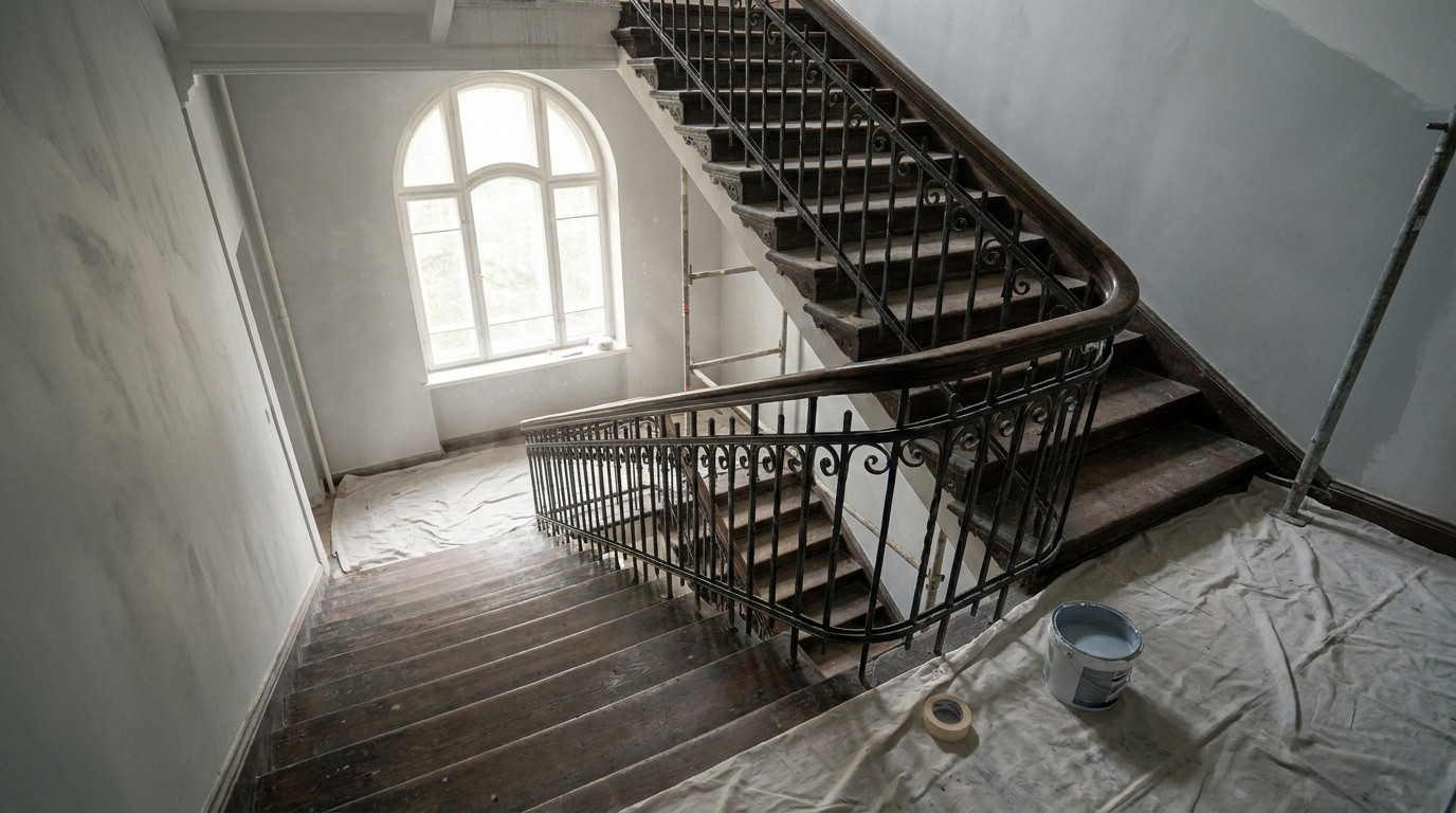 Cage d'escalier ancienne en cours de rénovation avec un escalier en bois, une rambarde en fer forgé et des murs peints.