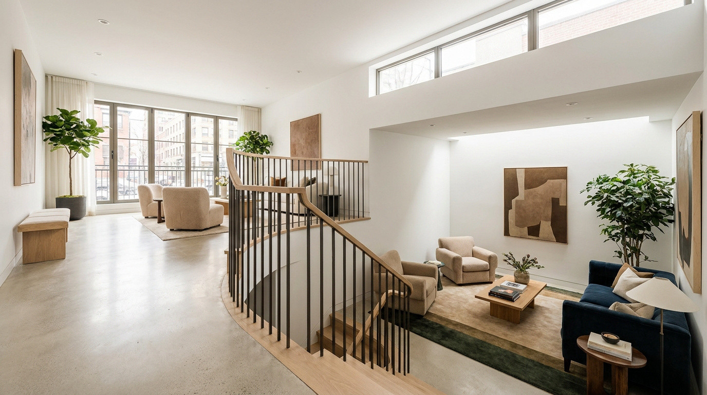 Vue plongeante sur un salon souplex spacieux et moderne avec un escalier incurvé et une décoration minimaliste.