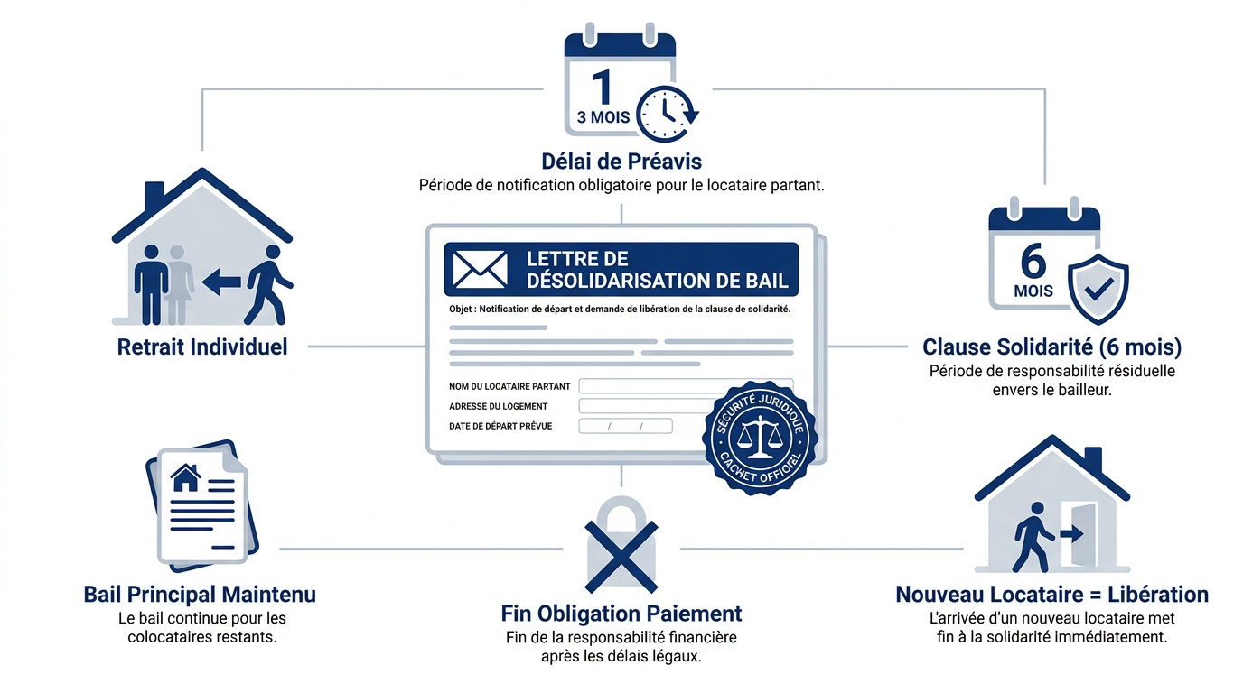 Schéma explicatif de la désolidarisation d'un bail locatif entre colocataires