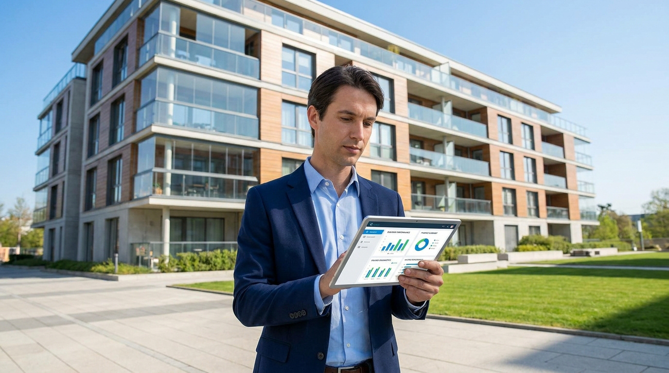 Un homme en costume utilisant une tablette numérique avec des graphiques devant un immeuble résidentiel moderne.