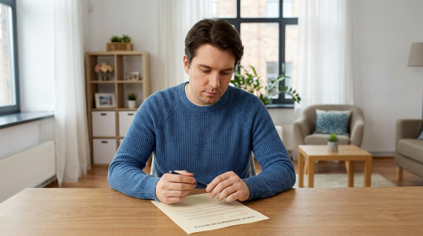 Un homme en pull bleu assis à une table en bois, concentré sur la signature d'un document de résiliation de bail.