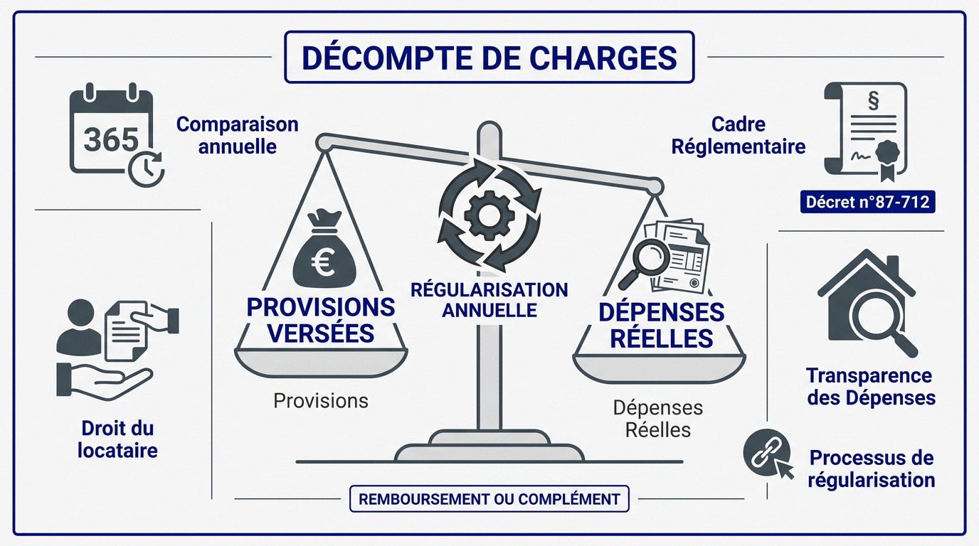 Infographie expliquant le décompte de charges et la régularisation annuelle entre bailleur et locataire