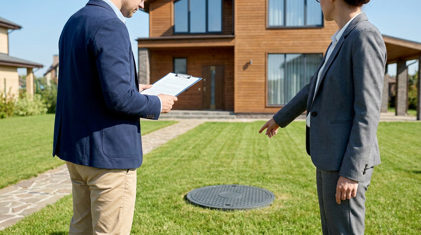 Un homme et une femme en tenue professionnelle inspectent le regard d'une fosse septique dans le jardin d'une maison.