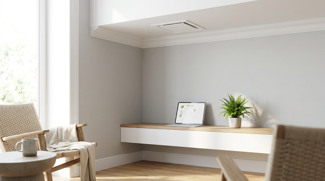 Intérieur moderne et lumineux avec une bouche de VMC au plafond et une tablette affichant un calendrier de septembre 2026.