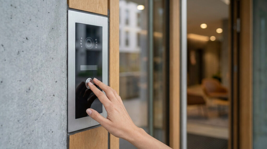Une main appuyant sur le bouton d'un interphone moderne installé sur un cadre en bois et un mur en béton.