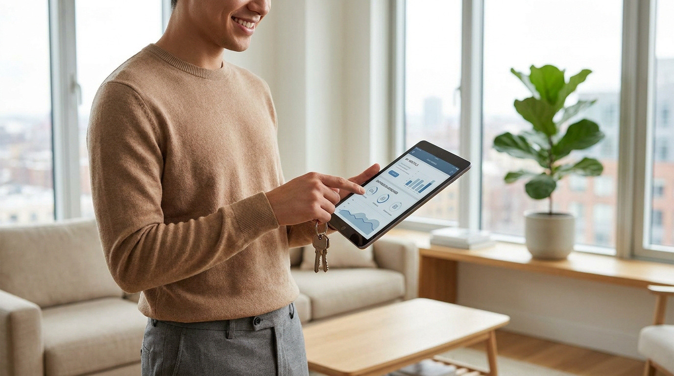 Un jeune homme souriant tenant des clés et une tablette tactile dans un salon moderne et lumineux.