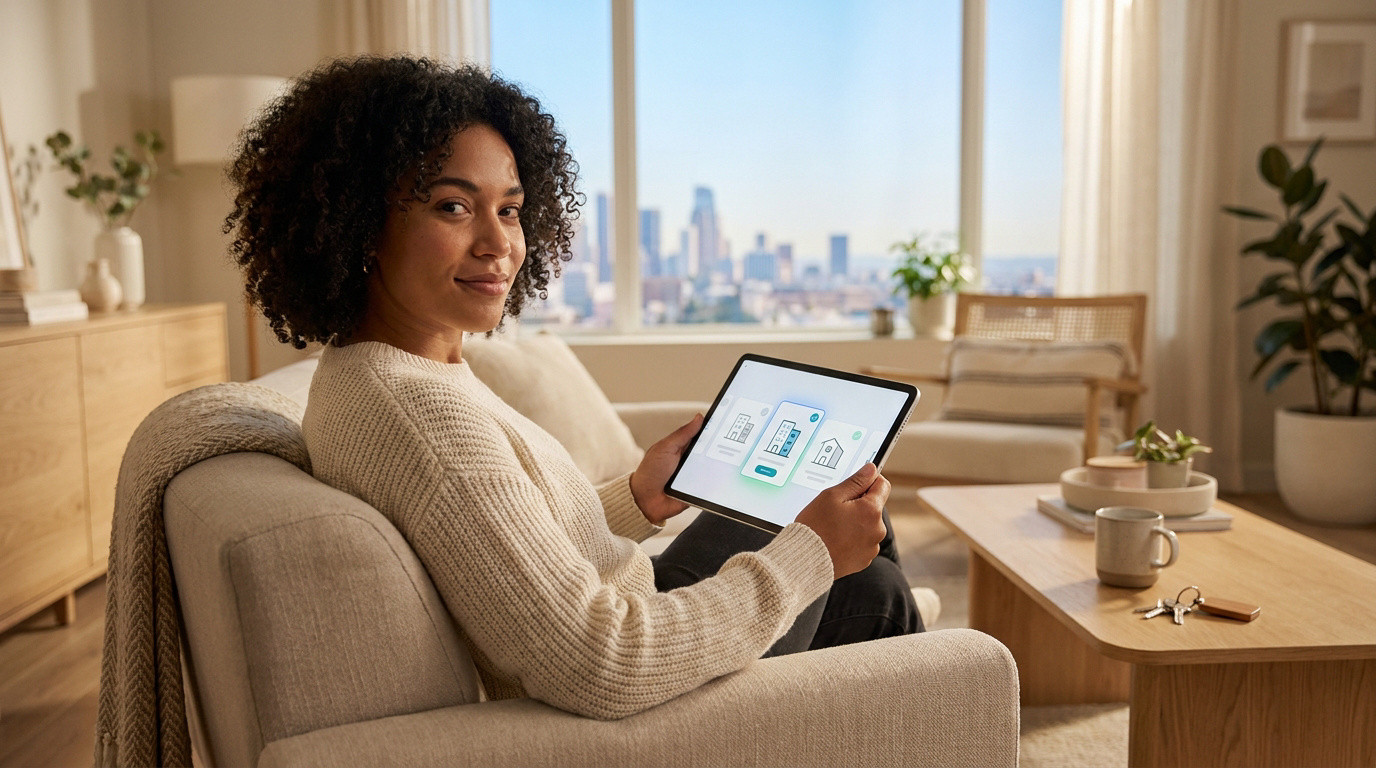 Une femme souriante assise dans un salon lumineux, consultant des offres de location immobilière sur une tablette.