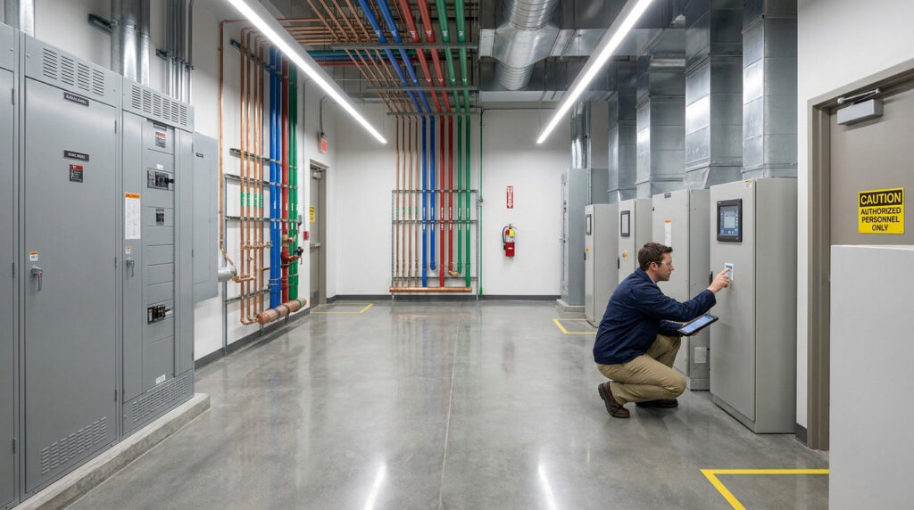 Un technicien inspectant un tableau électrique dans un local technique propre avec des conduits colorés au plafond.