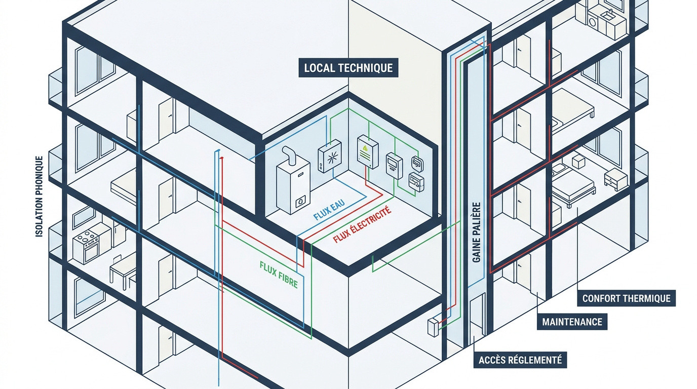 Schéma des installations et flux dans les locaux techniques d'un immeuble