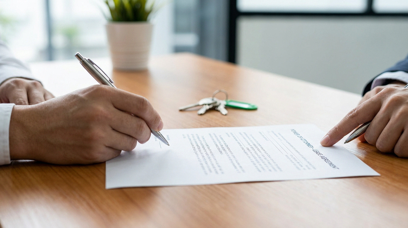 Une personne signe un document de procuration pour un bail avec une autre personne indiquant l'emplacement de la signature.