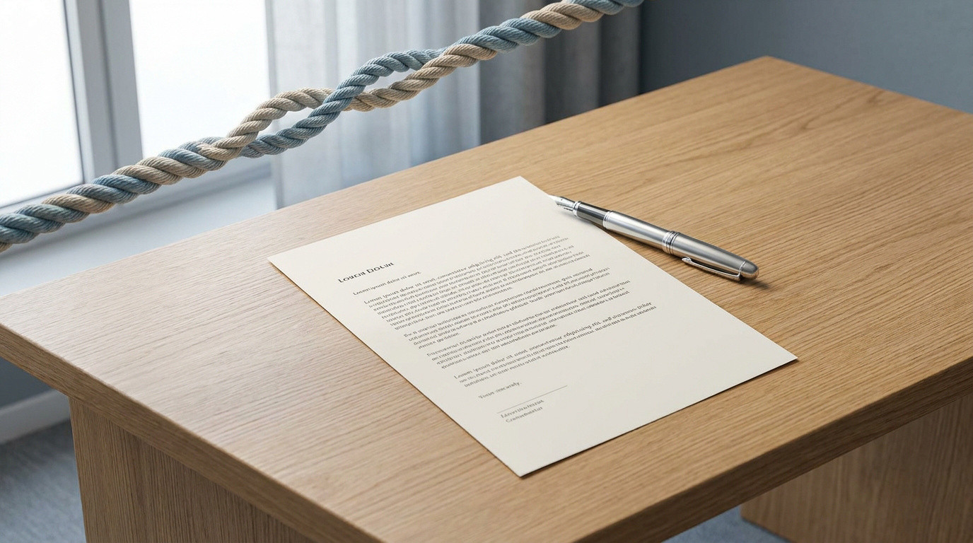 Une lettre officielle et un stylo sur un bureau en bois avec une corde décorative en arrière-plan.