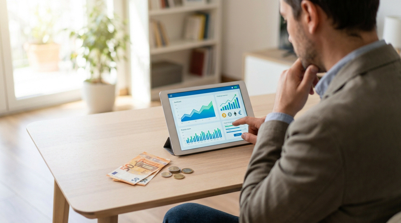 Un homme consulte des graphiques financiers sur une tablette avec des billets et des pièces sur la table.