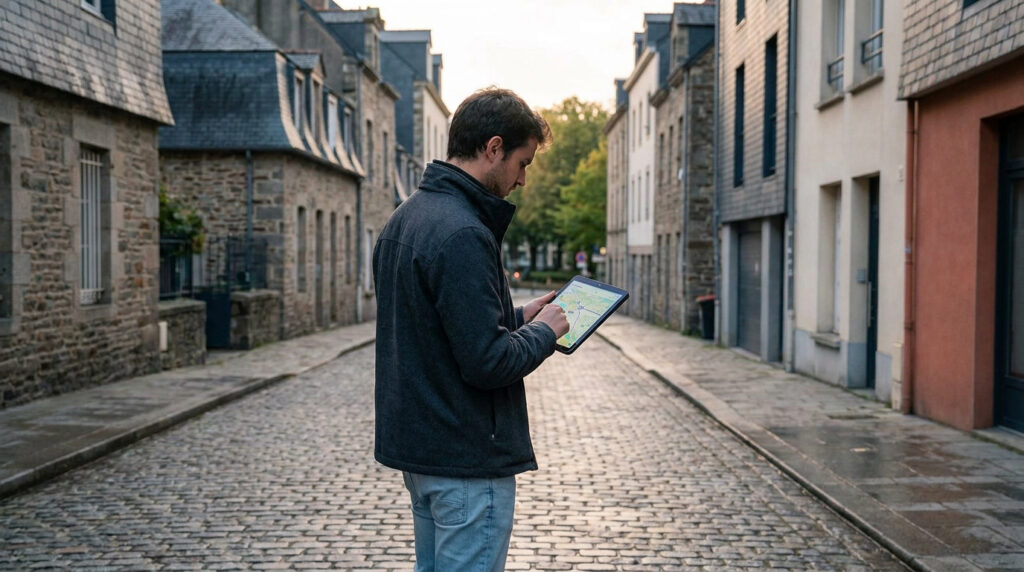 Un homme consulte une carte sur une tablette numérique au milieu d'une rue pavée dans un quartier ancien.