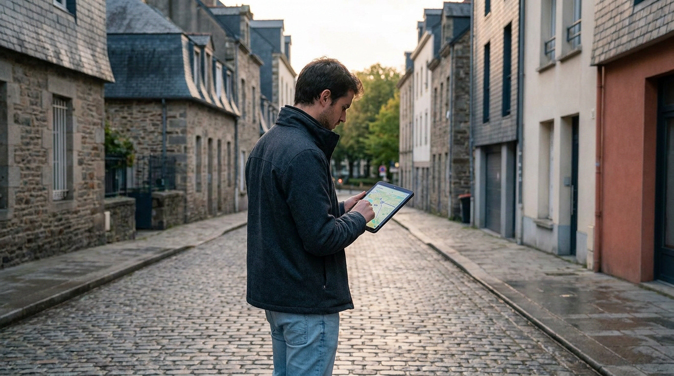 Un homme consulte une carte sur une tablette numérique au milieu d'une rue pavée dans un quartier ancien.