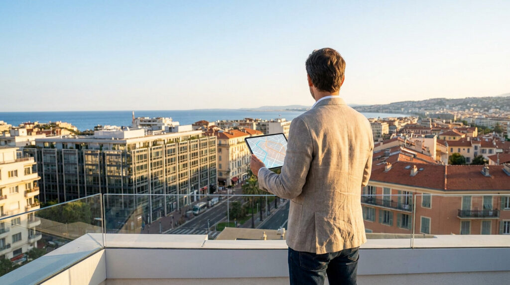 Un homme en veste regarde une carte numérique de Nice sur une tablette depuis une terrasse avec vue sur la ville.