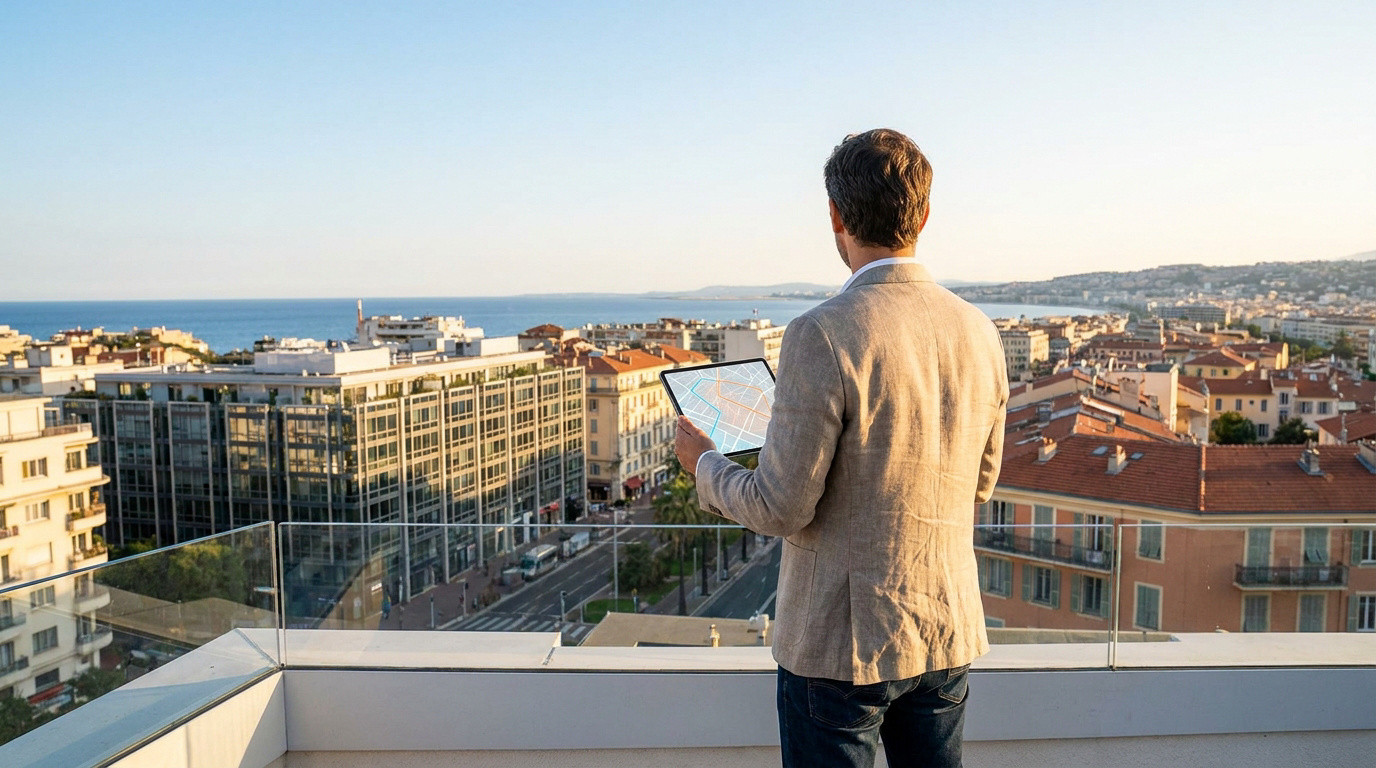 Un homme en veste regarde une carte numérique de Nice sur une tablette depuis une terrasse avec vue sur la ville.