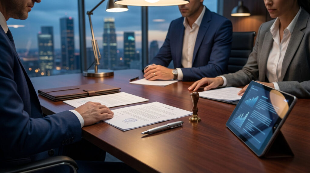 Professionnels en costume discutant autour d'une table avec des documents officiels et une tablette dans un bureau.
