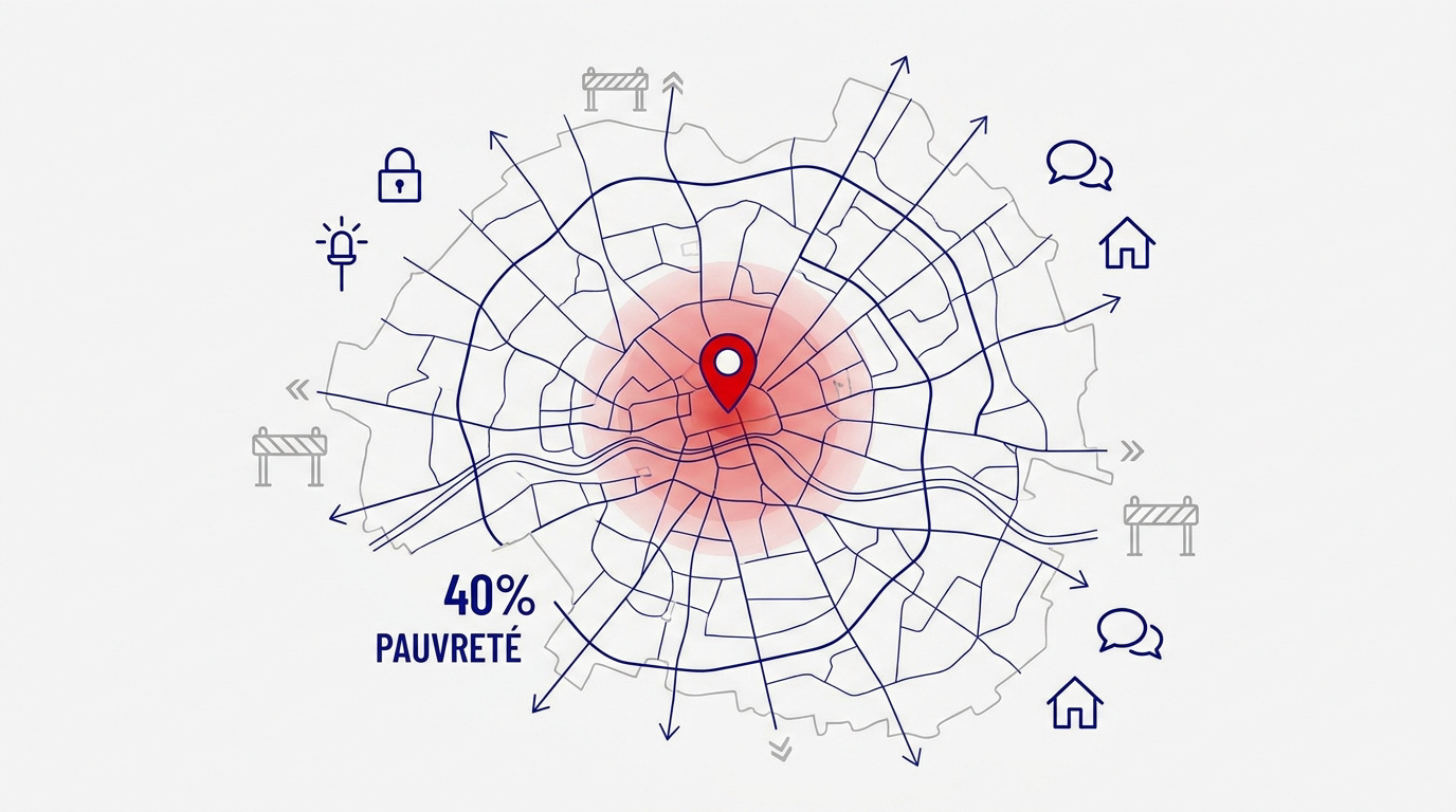 Carte schématique des zones de vigilance et de pauvreté à Rennes