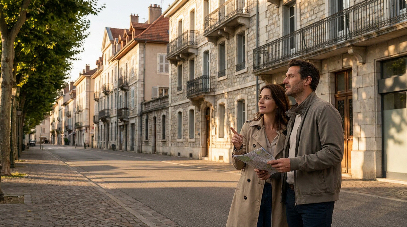 Un couple de touristes regarde une carte dans une rue historique et ensoleillée d'Aix-les-Bains.