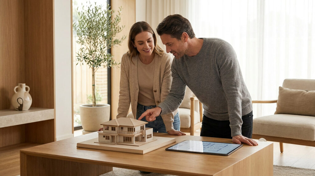 Un couple souriant examine une maquette de maison en bois posée sur une table basse dans un salon moderne.