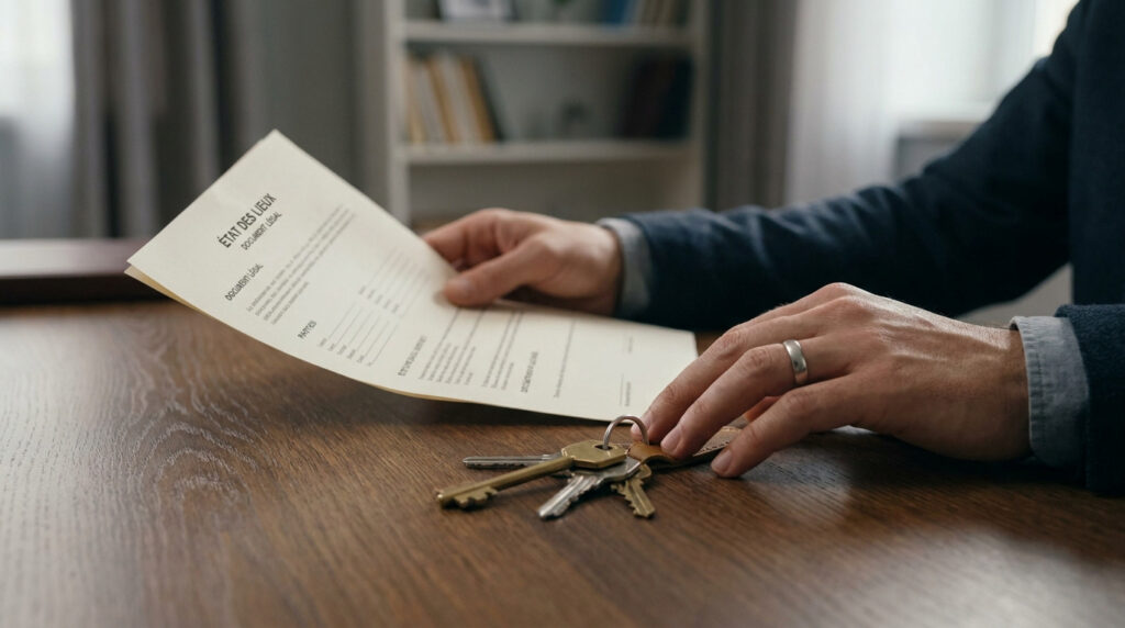 Mains d'un homme tenant un document d'état des lieux et des clés de logement sur une table en bois.