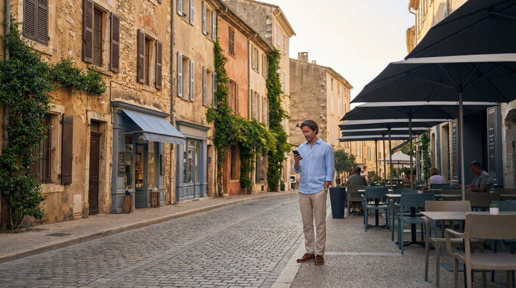 Un homme consulte son smartphone dans une rue piétonne pavée d'un village historique avec des terrasses de café.