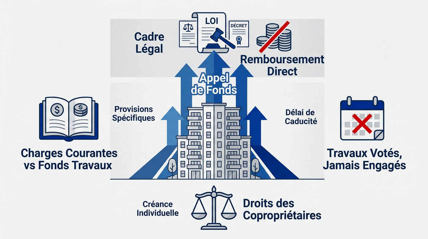 Infographie expliquant les droits des copropriétaires sur le remboursement des appels de fonds pour travaux non réalisés