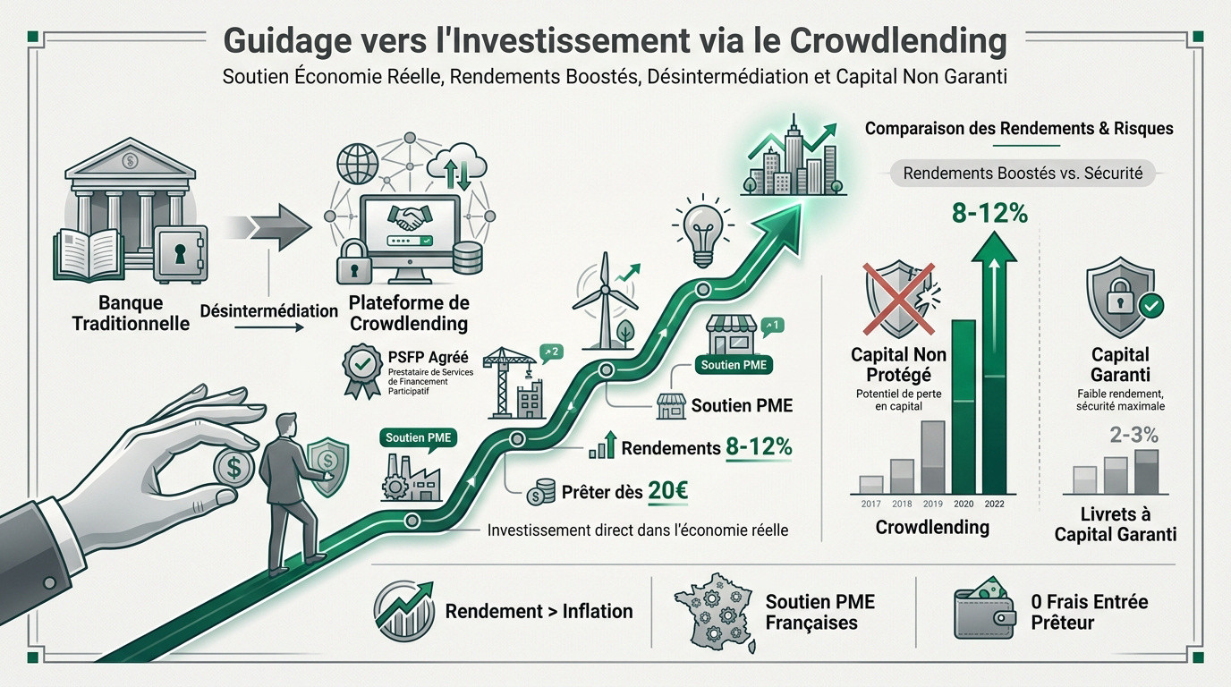 Infographie expliquant le fonctionnement du crowdlending pour les PME et les rendements associés