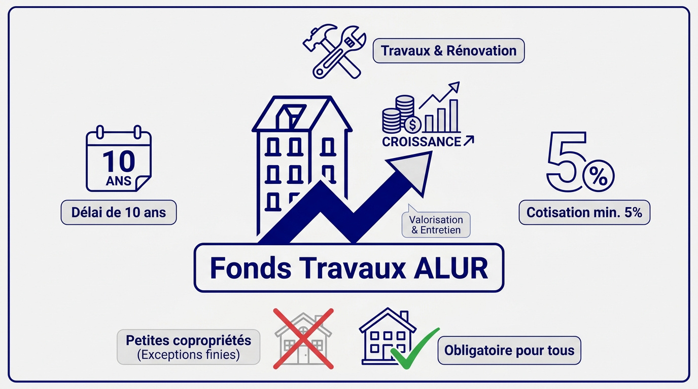 Infographie expliquant le fonctionnement du fonds de travaux loi ALUR en copropriété