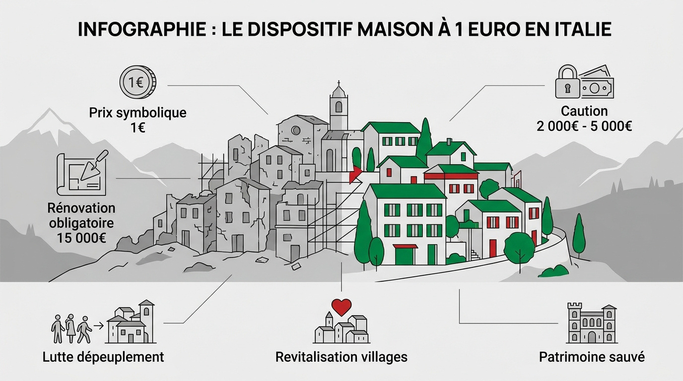 Infographie détaillant les coûts et conditions des maisons à 1 euro en Italie