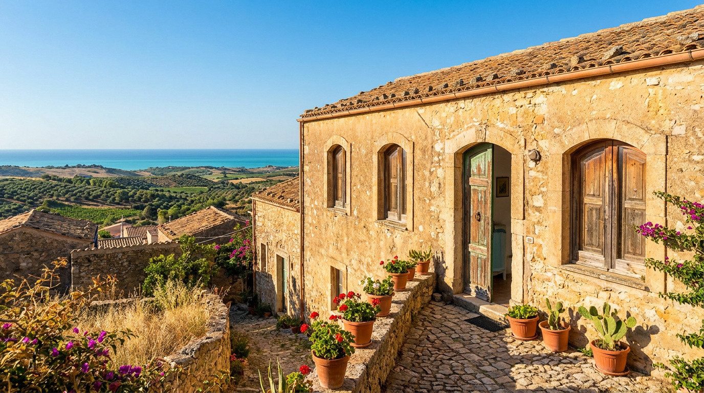 Maison traditionnelle en pierre avec fleurs en pot surplombant la campagne sicilienne et la mer Méditerranée.
