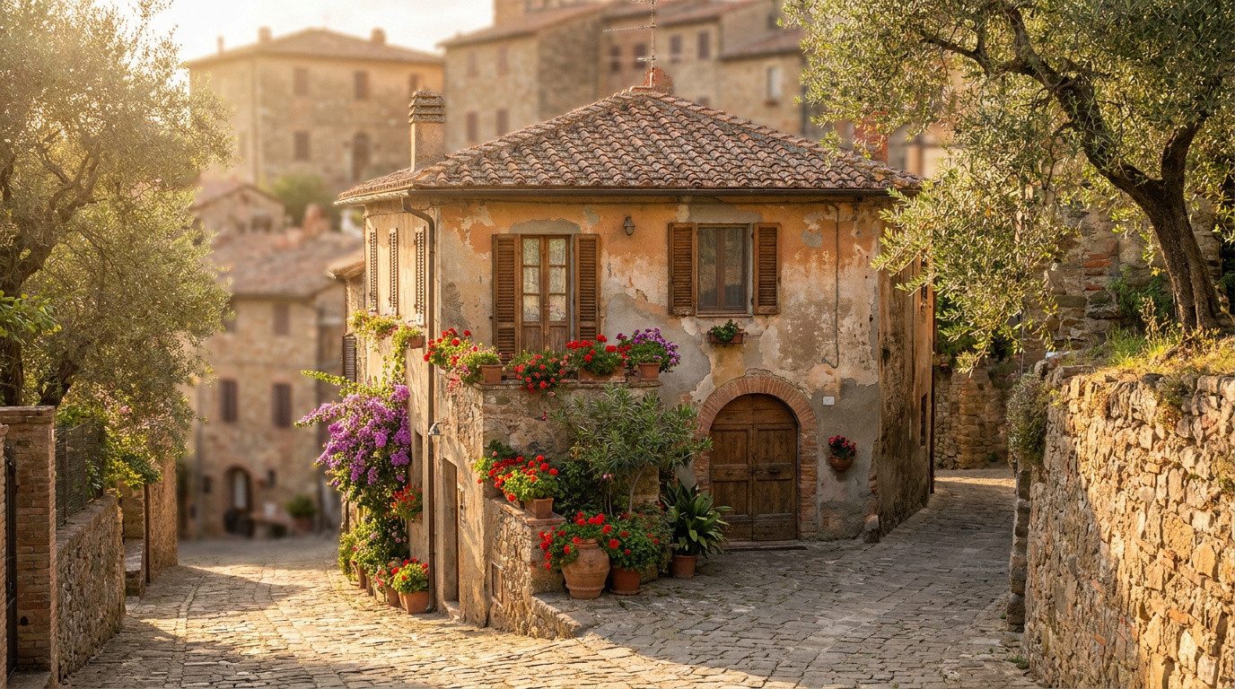 Maison ancienne en pierre fleurie dans une rue pavée d'un village italien sous une lumière dorée.