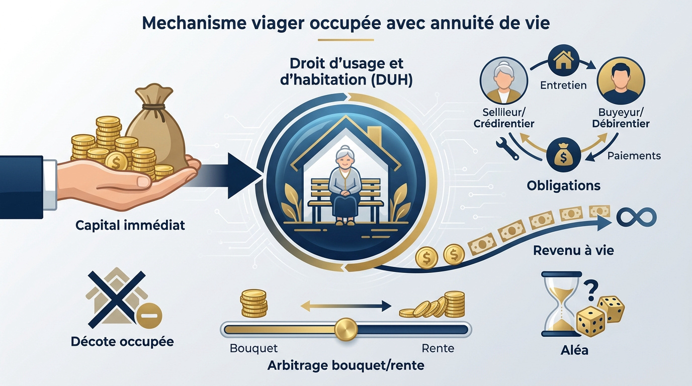 Schéma explicatif du mécanisme financier du viager occupé avec bouquet et rente