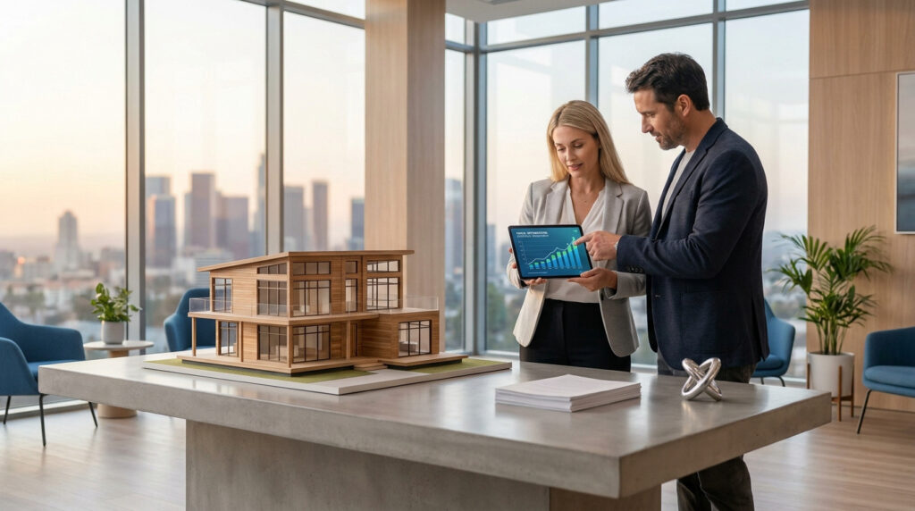Un homme et une femme d'affaires analysent un graphique de croissance devant une maquette de maison dans un bureau.