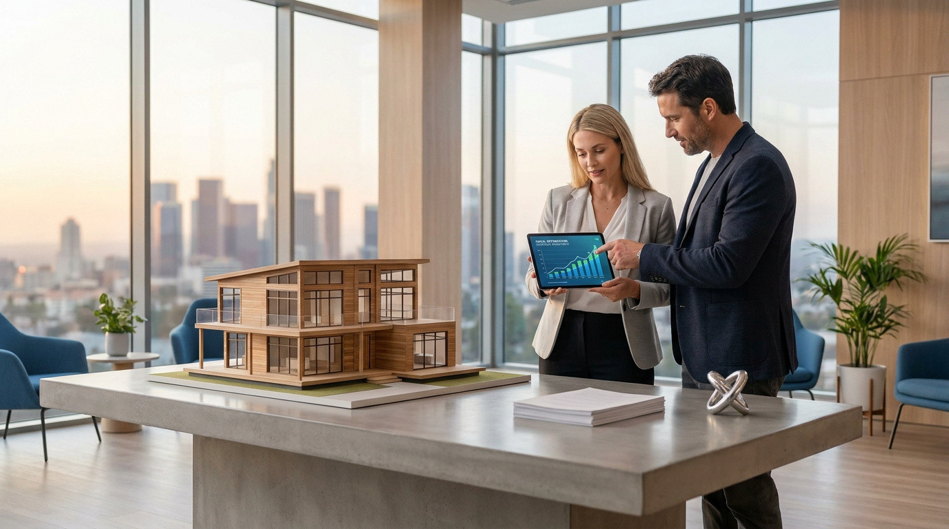 Un homme et une femme d'affaires analysent un graphique de croissance devant une maquette de maison dans un bureau.