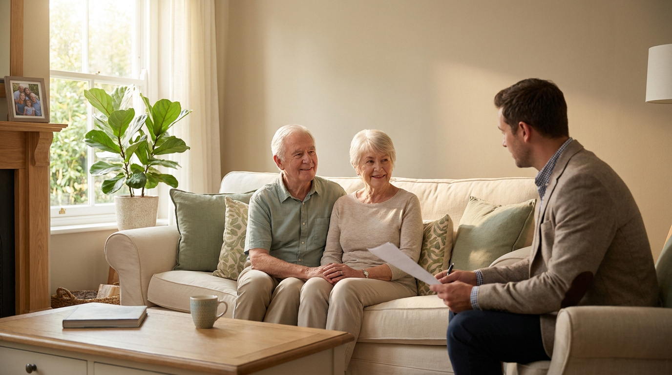 Un couple de seniors souriants en rendez-vous avec un conseiller immobilier dans un salon lumineux.